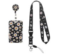 Parliky Porte-badge Étudiant avec Lanière Détachable Porte-cartes Id Pratique Étui Nom Portable Résistant Design Marguerite Noir et Blanc Usage Scolaire et Professionnel