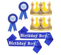 Parliky Set de 2 Ensembles Couronne de Prince Bleu Foncé Écharpe et Badge pour Garçon Accessoires D’Anniversaire Garçon Décoration Fête D’Anniversaire et Déguisement
