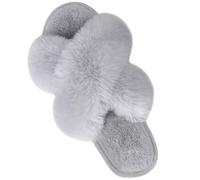 Parlovable Pantoufles pour femmes, bretelles croisées, peluche douce, pantoufles à bout ouvert en fourrure et confortables, fourrure de lapin artificielle d'intérieur et d'extérieur, Gris, 38-39 EU