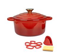 Parmedu Cocotte Émaillée 2,5L: Marmite Hollandaise Robuste avec Couvercle et Poignées Rouge, avec Accessoires en Silicone et Éponge, Idéale pour Mijoter, Cuire à la Vapeur, Rôtir et Cuire au Four