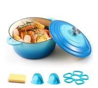 Parmedu Marmite Hollandaise en Fonte Émaillée de 5.2L avec Couvercle et Double Poignées, Accessoires en Silicone Inclus, Idéale pour Braiser, Mijoter, Rôtir et Cuire au Four, en Bleu