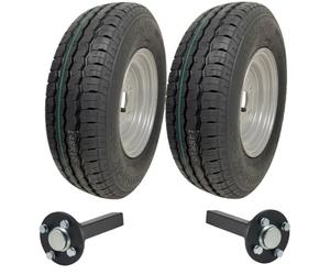 Parnells - Kit de Remorque Haute Vitesse - 2 Pneus Sans Chambre à air et Jantes en Acier + 2 pcs Moyeu/Axes à Goujons - Diamètre 492 mm, 710 kg, 145r10 Radial Wanda Wr068, 84/82n, E-Marked