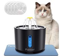 Parner Fontaine à Eau pour Chat - avec fenêtre de Niveau d'eau - 2,4 l - en Acier Inoxydable - avec 4 filtres hygiéniques et 1 Tapis en Silicone pour Animaux de Compagnie avec lumière LED - Noir