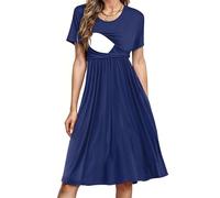 PARNIXS Robe d'allaitement d'été à manches courtes en patchwork avec poches pour femme, bleu foncé, M