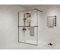 Paroi de douche à l'italienne avec porte-serviette et étagère - 140 x 200 cm - Noir mat - BONPERO