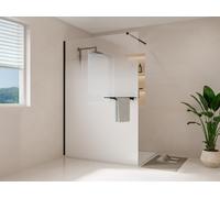 Paroi de douche à l'italienne brume avec porte serviette et étagères - 140 x 200 cm - Noir mat - POMARO