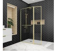 Paroi de Douche avec Volet Pivotant 90+40x200 cm - Porte-serviette + Etagère Finition Or Doré Brossé