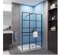 Paroi de douche italienne noir 140x200 cm verre coloré 8mm anticalcaire + étagère alu 140 cm + barre fixation 90 cm