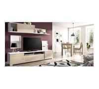 Paroi murale TV - KEN - Blanc Brillant / Chêne - Portes et étagère - 200 x 41 x 180 cm