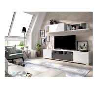 Paroi murale TV - KEN - Blanc Brillant / Graphite - Portes et étagère - 200 x 41 x 180 cm