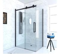 PAROI PORTE DE DOUCHE COULISSANTE 140x200 cm noir mat - rail soft close + RETOUR 80 cm