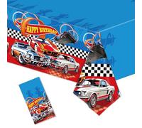 ParPix Nappe de décoration d'anniversaire, motif voiture de course, 137 x 274 cm, en plastique, imperméable, chemin de table pour fête de voiture, décoration de fête