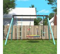 Parrot Uncle Balançoire pour enfants avec balançoire nid, échelle d'escalade, filet & bascule, cadre métallique, aire de jeux extérieure pour enfants 3-8 ans, bleu