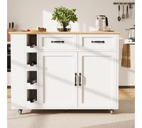 Parrot Uncle Ilot de cuisine avec multiprise, chariot de service avec étagère à vin et veines de bois, meuble buffet & meuble de cuisine, blanc