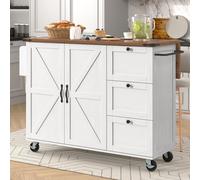 Parrot Uncle Îlot de cuisine avec veines de bois, chariot de service avec plan de travail extensible, 2 portes & 3 tiroirs, chariot de cuisine