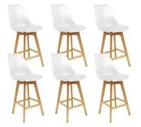 PARSA - Lot de 6 Chaises Hautes Blanches et Pieds Bois -