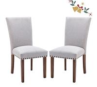 Parsons Lot de 2 chaises de salle à manger rembourrées en tissu avec bord à clous et pieds en bois Gris clair