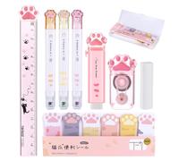 Partideal Lot de 9 trousses à crayons mignonnes en forme de patte de chat - Double extrémité - Surligneur - Ruban correcteur - Cube rétractable - Règle - Notes adhésives - Gomme de rechange -