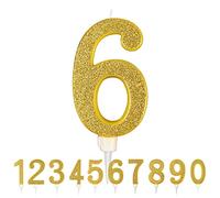 Partilandia Bougie d'anniversaire géante à paillettes dorées 17,5 cm, convient pour les fêtes d'anniversaire, les anniversaires de mariage, les fêtes de retraite, etc. (numéro 6, or)