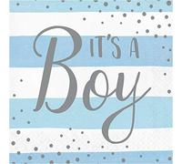 Party Art PC346299 Lot de 16 serviettes en papier double épaisseur Motif It's a Boy Bleu et argenté