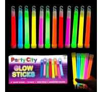 Party City Lot de 12 bâtons fluorescents multicolores de 15,2 cm - Bâtons lumineux dans le noir pour enfants, imperméables, pour camping, survie, d'urgence avec ficelle, bâtons fluorescents