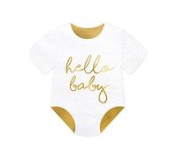 Party Deco Lot de 20 serviettes de table pour fête prénatale en forme de barboteuse avec inscription « Hello Baby » Doré/blanc