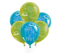 Party Factory Heidi Lot de 10 ballons en latex verts et bleus, Ø 25 cm, différents motifs imprimés, pour air ou hélium