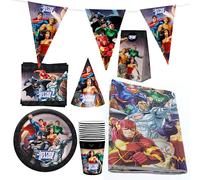 Party Factory «Justice League» Lot de 10 gobelets, 10 assiettes, 20 serviettes, 1 nappe, 1 bandeau, 10 chapeaux de fête et 10 sacs de fête