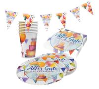 Party Factory Kit de fête 4 pièces Happy Birthday Watercolor avec 20 serviettes, 8 gobelets, 8 assiettes et 1 guirlande de fanions, décoration colorée pour anniversaires d'enfants et fêtes