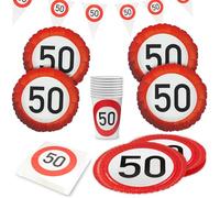 Party Factory Kit de fête 5 pièces Happy Birthday 50 avec 20 serviettes, 8 gobelets, 8 assiettes, 1 guirlande de fanions et 4 ballons en aluminium, décoration colorée pour anniversaires d'enfants et