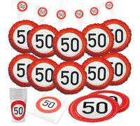 Party Factory Kit de fête 5 pièces Happy Birthday 50 avec 20 serviettes, 8 gobelets, 8 assiettes, 1 guirlande de fanions et 10 ballons en aluminium, décoration colorée pour anniversaires d'enfants et