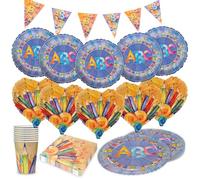 Party Factory Kit de fête Back to School Neutral, 5 pièces avec 20 serviettes, 8 gobelets, 8 assiettes, 1 guirlande de fanions, 5 ballons ronds en aluminium et 5 ballons en aluminium en forme de cœur