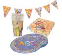 Party Factory Kit de fête Back to School neutre, 4 pièces avec 20 serviettes, 8 gobelets, 8 assiettes et 1 guirlande de fanions, décoration colorée pour anniversaires d'enfants et fêtes