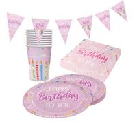 Party Factory Kit de fête d'anniversaire 4 pièces avec 20 serviettes, 8 gobelets, 8 assiettes et 1 guirlande de fanions, décoration colorée pour anniversaires d'enfants, fêtes et occasions spéciales