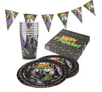 Party Factory Kit de fête d'Halloween fluo motif 2, 4 pièces avec 20 serviettes, 8 gobelets, 8 assiettes et 1 guirlande de fanions, décoration colorée pour anniversaires d'enfants et fêtes