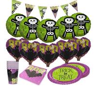 Party Factory Kit de fête d'Halloween squelette motif 1, 5 pièces avec 20 serviettes, 8 gobelets, 8 assiettes, 1 guirlande de fanions, 5 ballons ronds en aluminium et 5 ballons en aluminium en forme