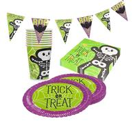 Party Factory Kit de fête d'Halloween squelette motif 2, 4 pièces avec 20 serviettes, 8 gobelets, 8 assiettes et 1 guirlande de fanions, décoration colorée pour anniversaires d'enfants et fêtes
