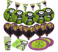Party Factory Kit de fête d'Halloween squelette motif 2, 5 pièces avec 20 serviettes, 8 gobelets, 8 assiettes, 1 guirlande de fanions, 5 ballons ronds en aluminium et 5 ballons en aluminium en forme