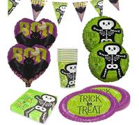 Party Factory Kit de fête d'Halloween squelette motif 2, 5 pièces avec 20 serviettes, 8 gobelets, 8 assiettes, 1 guirlande de fanions, 2 ballons ronds en aluminium et 2 ballons en aluminium en forme