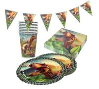 Party Factory Kit de fête dinosaure réaliste 4 pièces avec 20 serviettes, 8 gobelets, 8 assiettes et 1 guirlande de fanions, décoration colorée pour anniversaires d'enfants, fêtes et occasions