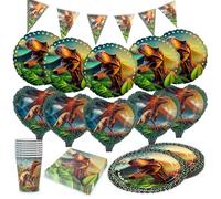 Party Factory Kit de fête dinosaure réaliste 5 pièces avec 20 serviettes, 8 gobelets, 8 assiettes, 1 guirlande de fanions, 5 ballons ronds en aluminium et 5 ballons en aluminium en forme de cœur