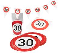 Party Factory Kit de fête Happy Birthday 30 4 pièces avec 20 serviettes, 8 gobelets, 8 assiettes et 1 guirlande de fanions, décoration colorée pour anniversaires d'enfants, fêtes et occasions