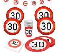 Party Factory Kit de fête Happy Birthday 30 5 pièces avec 20 serviettes, 8 gobelets, 8 assiettes, 1 guirlande de fanions et 4 ballons en aluminium, décoration colorée pour anniversaires d'enfants et
