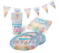 Party Factory Kit de fête Happy Birthday pastel 4 pièces avec 20 serviettes, 8 gobelets, 8 assiettes et 1 guirlande de fanions, décoration colorée pour anniversaires d'enfants et fêtes