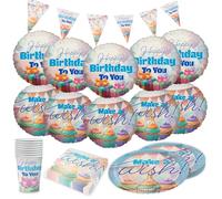 Party Factory Kit de fête Happy Birthday pastel 5 pièces avec 20 serviettes, 8 gobelets, 8 assiettes, 1 guirlande de fanions et 10 ballons en aluminium, décoration pour anniversaire d'enfant et fêtes