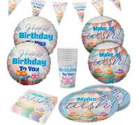 Party Factory Kit de fête Happy Birthday pastel 5 pièces avec 20 serviettes, 8 gobelets, 8 assiettes, 1 guirlande de fanions et 4 ballons en aluminium, décoration pour anniversaire d'enfant et fêtes
