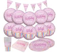 Party Factory Kit de fête Happy Birthday rose 5 pièces avec 20 serviettes, 8 gobelets, 8 assiettes, 1 guirlande de fanions et 10 ballons en aluminium, décoration colorée pour anniversaires d'enfants