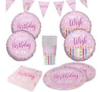 Party Factory Kit de fête Happy Birthday rose 5 pièces avec 20 serviettes, 8 gobelets, 8 assiettes, 1 guirlande de fanions et 4 ballons en aluminium, décoration colorée pour anniversaires d'enfants et