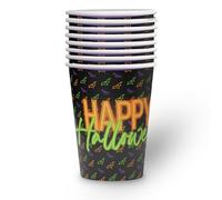 Party Factory Lot de 8 gobelets en carton pour Halloween - 250 ml - Noir fluo Happy Halloween - Gobelets jetables - Décoration de table