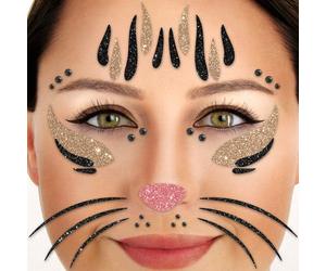 Party Factory Tatouage de visage pour chat à paillettes temporaires pour fête à thème, Halloween et carnaval, enfants et adultes